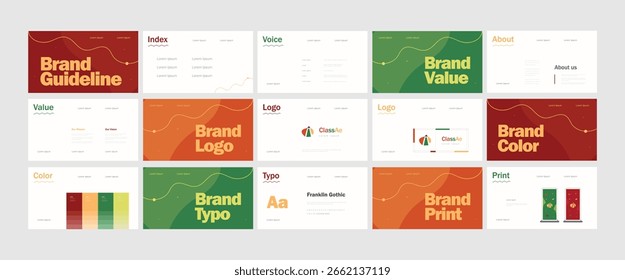 Plantilla de lineamientos de marca, presentación de identidad de marca de paisaje, rojo naranja y verde, diseño moderno y limpio, Plantilla de lineamientos de logotipos para la educación, sin fines de lucro, agencia creativa