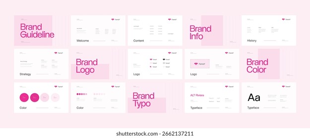 Modelo de diretrizes de marca, Apresentação da identidade da marca Landscape, rosa claro e magenta, design moderno e limpo, modelo de diretrizes Logotipo para beleza, influenciador, marca de estilo de vida