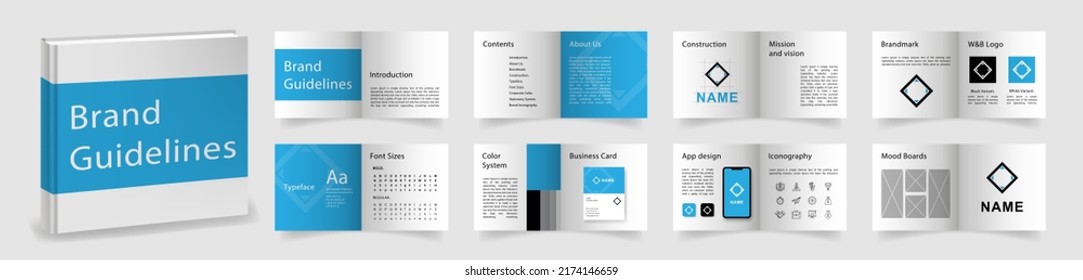Brand Guidelines Template. Light Blue Logo Guideline Template. Multi-purpose Brand Manual Presentation Mockup. Logo Guide Book Layout