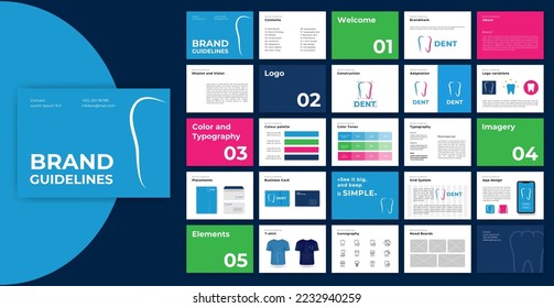 Plantilla de instrucciones de marca. Libro de guías de logotipos. Presentación de identidad corporativa. Plantilla de guía del logotipo. Presentación de logotipo para clínica dental