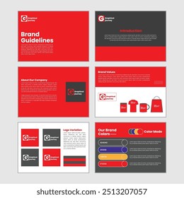 Brand guidelines template and Modern brand identity presentation layout, minimal professional designed brand guideline template layout illustration, Black and red vector brand guidelines concept