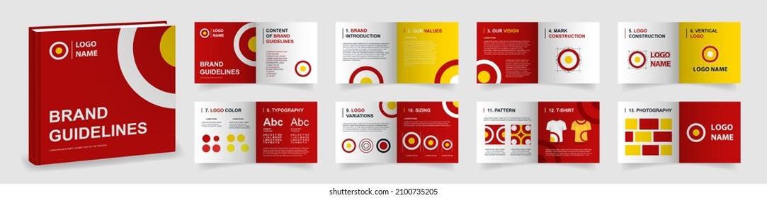 Brand Guidelines Template. Red Logo Guideline Template. Multi-purpose Brand Manual Presentation Mockup. Logo Guide Book Layout