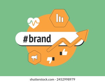 Brand Health Monitoring and Tracking Research. Track brand reputation, sentiment, analyze perception, measure awareness and evaluate performance. Brand Health Vector Illustration with icons