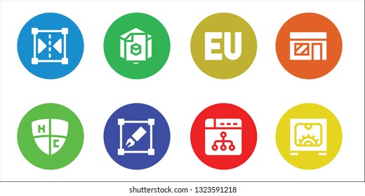 brand icon set. 8 filled brand icons.  Collection Of - Reflect, Emblem, d, Transform, Symbol, Ux design, Music store