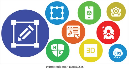 conjunto de iconos de marca. 9 iconos de marca rellenos.  Iconos modernos sencillos, como: Transformar, Transformación, d, Emblem, Music Store, Influencer, Dragon, Co