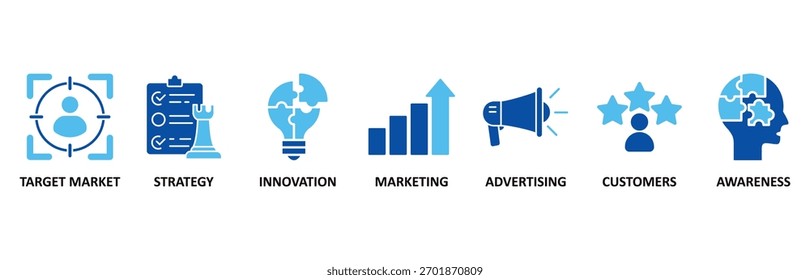 Brand-Symbol-Set In Blue Style Vektorgrafik für Zielmarkt, Strategie, Innovation, Marketing, Werbung, Kunden und Bekanntheit