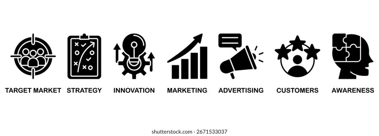Brand icon set vector illustration concept with icon of target market, strategy, innovation, marketing, advertising, customers, and awareness