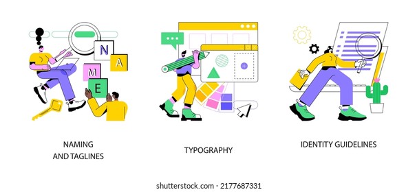 Brand identity abstract concept vector illustration set. Naming and taglines, typography and identity guidelines, product slogan copywriting, web design, frontend development, CSS abstract metaphor.