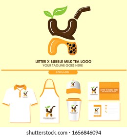 Brand Identity of Bubble Tea Drink or Milk Cocktail Logo with Initial X. Include Shirt. Apron. Hat. Cup. Business Card. Pearl Milk Tea. Popular Asian Drink. For Café and Restaurant Logo. Boba. Taiwan