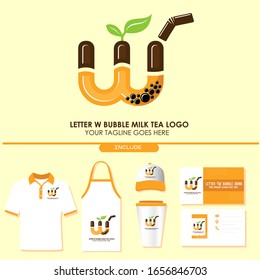 Brand Identity of Bubble Tea Drink or Milk Cocktail Logo with Initial W. Include Shirt. Apron. Hat. Cup. Business Card. Pearl Milk Tea. Popular Asian Drink. For Café and Restaurant Logo. Boba. Taiwan