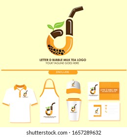 Brand Identity of Bubble Tea Drink or Milk Cocktail Logo with Initial D. Include Shirt. Apron. Hat. Cup. Business Card. Pearl Milk Tea. Popular Asian Drink. For Café and Restaurant Logo. Boba. Taiwan