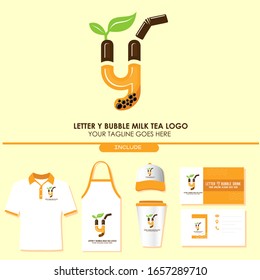 Brand Identity of Bubble Tea Drink or Milk Cocktail Logo with Initial Y. Include Shirt. Apron. Hat. Cup. Business Card. Pearl Milk Tea. Popular Asian Drink. For Café and Restaurant Logo. Boba. Taiwan