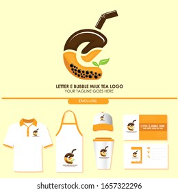 Brand Identity of Bubble Tea Drink or Milk Cocktail Logo with Initial E. Include Shirt. Apron. Hat. Cup. Business Card. Pearl Milk Tea. Popular Asian Drink. For Café and Restaurant Logo. Boba. Taiwan