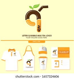 Brand Identity of Bubble Tea Drink or Milk Cocktail Logo with Initial Q Include Shirt. Apron. Hat. Cup. Business Card. Pearl Milk Tea. Popular Asian Drink. For Café and Restaurant Logo. Boba. Taiwan