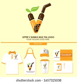 Brand Identity of Bubble Tea Drink or Milk Cocktail Logo with Initial V. Include Shirt. Apron. Hat. Cup. Business Card. Pearl Milk Tea. Popular Asian Drink. For Café and Restaurant Logo. Boba. Taiwan