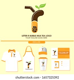 Brand Identity of Bubble Tea Drink or Milk Cocktail Logo with Initial R. Include Shirt. Apron. Hat. Cup. Business Card. Pearl Milk Tea. Popular Asian Drink. For Café and Restaurant Logo. Boba. Taiwan