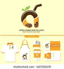 Brand Identity of Bubble Tea Drink or Milk Cocktail Logo with Initial A. Include Shirt. Apron. Hat. Cup. Business Card. Pearl Milk Tea. Popular Asian Drink. For Café and Restaurant Logo. Boba. Taiwan