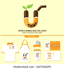 Brand Identity of Bubble Tea Drink or Milk Cocktail Logo with Initial U. Include Shirt. Apron. Hat. Cup. Business Card. Pearl Milk Tea. Popular Asian Drink. For Café and Restaurant Logo. Boba. Taiwan