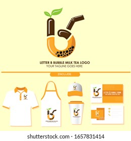 Brand Identity of Bubble Tea Drink or Milk Cocktail Logo with Initial B. Include Shirt. Apron. Hat. Cup. Business Card. Pearl Milk Tea. Popular Asian Drink. For Café and Restaurant Logo. Boba. Taiwan