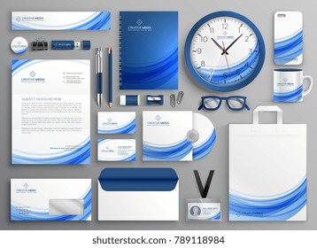 brand identity business stationery set in blue wavy shape