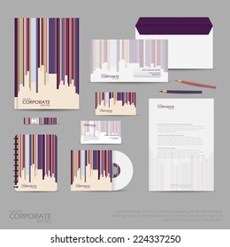 Brand identity company style template demonstrated on mobile devices office supplies and stationery for businesses with stripes background