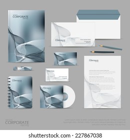 Brand identity company style template demonstrated on office supplies and stationery for businesses. Consist of business cards, A4 letterheads, folder, pencils, envelopes and notebook.