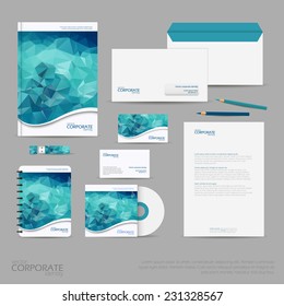 Brand identity company style template demonstrated on mobile devices office supplies and stationery for businesses with polygonal background