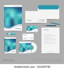 Brand identity company style template demonstrated on office supplies and stationery for businesses. Consist of business cards, A4 letterheads, folder, pencils, envelopes and notebook.