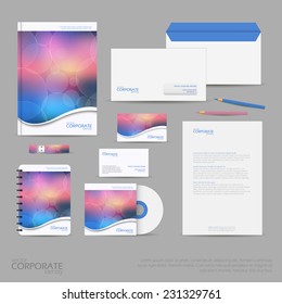 Brand identity company style template demonstrated on office supplies and stationery for businesses. Consist of business cards, A4 letterheads, folder, pencils, envelopes and notebook.