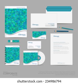 Brand identity company style template demonstrated on mobile devices office supplies and stationery for businesses with polygonal background