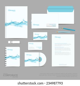 Brand identity company style template demonstrated on office supplies and stationery for businesses. Consist of business cards, A4 letterheads, folder, pencils and envelopes.