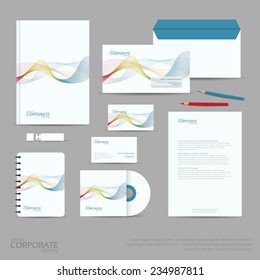 Brand identity company style template demonstrated on office supplies and stationery for businesses. Consist of business cards, A4 letterheads, folder, pencils and envelopes.