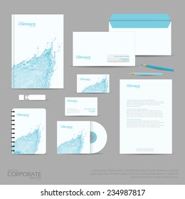Brand identity company style template demonstrated on office supplies and stationery for businesses. Consist of business cards, A4 letterheads, folder, pencils and envelopes.