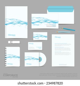 Brand identity company style template demonstrated on office supplies and stationery for businesses. Consist of business cards, A4 letterheads, folder, pencils and envelopes.