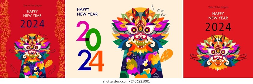 Brand identity concept design 2024. Happy Chinese New Year 2024 vector design. Symbol of 2024 Year of the Dragon. 2024 Happy New Year te