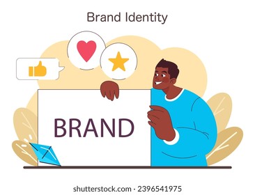 Brand identity concept. Portrays a person engaging with brand elements like love and quality, contributing to brand's market identity. Flat vector illustration