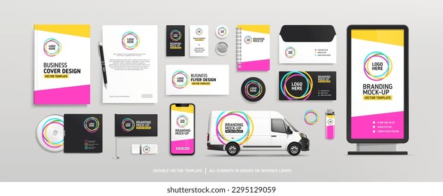 Brand Identity concept of stationery Mock-Up set with pink and yellow geometric design. Branding stationery mockup template of street AD banner, promotional van car, business flyer. Editable vector