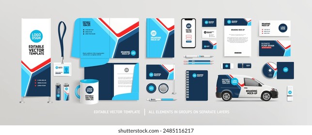 Brand Identity concept of stationery Mock-Up set with abstract graphics (set 9). Corporate style on vector stationery mockup template of Magazine cover, File folder, annual report, van, AD banner