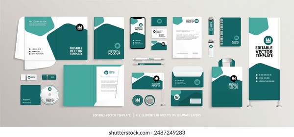 Brand Identity concept of stationery Mock-Up set with abstract graphics (set 8). Corporate style on stationery mockup template of Magazine cover, File folder, annual report, AD banner. Editable vector