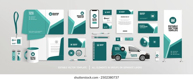 Brand Identity concept of stationery Mock-Up set with abstract graphics (set 8). Corporate style on vector stationery mockup template of Magazine cover, File folder, annual report, van, AD banner