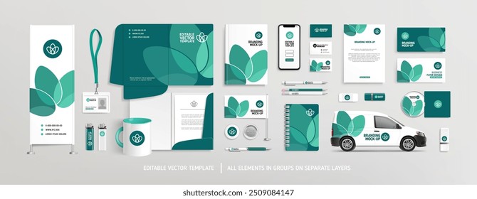 Brand Identity Konzept der Schreibwaren Mock-Up Set mit abstrakten Blumengrafiken. Corporate Stil auf Vektor Schreibwaren Mockup Vorlage Magazin Abdeckung, Aktenordner, Jahresbericht, Van, AD Banner