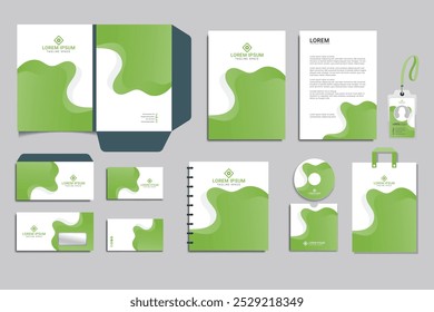 Brand Identity concept of stationery Mock-Up set with green and white abstract geometric design. Branding stationery mockup template of File folder, annual report, brochure. Editable vector