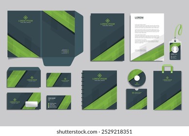 Brand Identity concept of stationery Mock-Up set with green and white abstract geometric design. Branding stationery mockup template of File folder, annual report, brochure. Editable vector