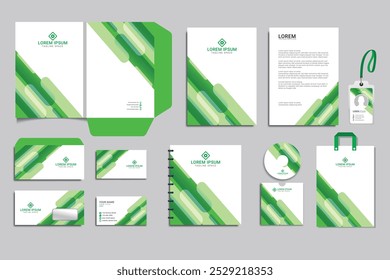 Brand Identity concept of stationery Mock-Up set with green and white abstract geometric design. Branding stationery mockup template of File folder, annual report, brochure. Editable vector