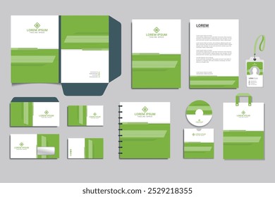 Brand Identity concept of stationery Mock-Up set with green and white abstract geometric design. Branding stationery mockup template of File folder, annual report, brochure. Editable vector