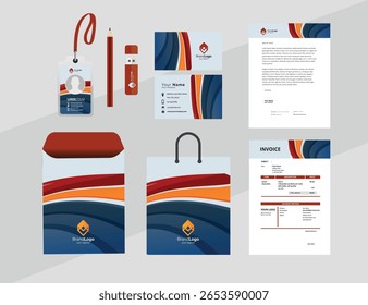 Brand Identity concept of stationery Mock-Up set with abstract graphics. Corporate style layout on stationery mockup template of File folder, annual report, Flyer, Envelope etc.