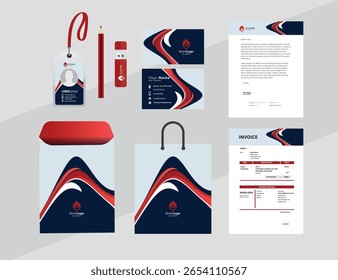 Conceito de identidade de marca do conjunto de maquete de papelaria com gráficos abstratos. Layout de estilo corporativo no modelo de maquete de papelaria da pasta de arquivos, relatório anual, Fyler, Envelope 
