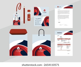 Conceito de identidade de marca do conjunto de maquete de papelaria com gráficos abstratos. Layout de estilo corporativo no modelo de maquete de papelaria da pasta de arquivos, relatório anual, Fyler, Envelope 