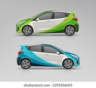 Markenidentitätskonzept und Vorlage für den Car-Muck-Up-Vektor. Abstraktes blaues und grünes Grafikdesign für Corporate Style auf dem Auto. Realistische Vektorgrafik-bearbeitbare Mockup-Vorlage 