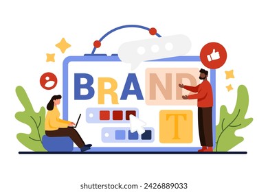 Brand identity creation, development by designers and marketing team. Tiny people develop creative name logo for company, work on visual content recognition and branding cartoon vector illustration